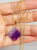 Ametist Taşı Kolye Ucu Yonca Temalı Altın Kaplama Zincirli (49808) - 1