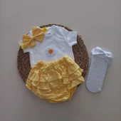 MARS BABY Kız Bebek Sarı Çiçek Fırfır Şort Etek Bodyli Beyaz File Takımı - 1