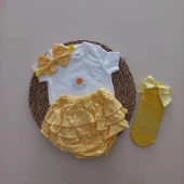 MARS BABY Kız Bebek Sarı Çiçek Fırfır Şort Etek Bodyli Sarı File Takımı - 1