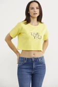 Oversize Baskılı Crop Tişört - Sarı thumbnail 3