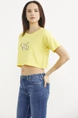 Oversize Baskılı Crop Tişört - Sarı thumbnail 4