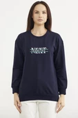Sıfır Yaka Oversize Sweatshirt - Lacivert - 1
