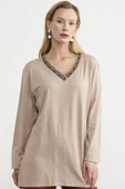 Yaka Detaylı Uzun Kol Tişört - Bej thumbnail 3
