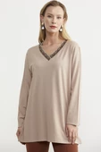 Yaka Detaylı Uzun Kol Tişört - Bej thumbnail 4