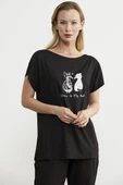 Baskılı Pantolon Bluz Penye Takım - Siyah - 5