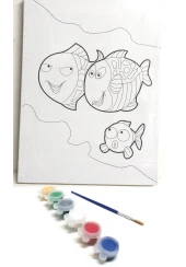 Hayal Sepeti BALIK AİLE MODEL Resimli Tuval 24x18 6lı boya, fırça Boyama seti - 1