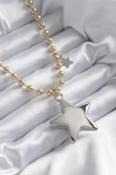 Pirinç Gold Renk Topçuk Zincir Gümüş 3D Yıldız Model Yıldız Detay VİP Kadın Kolye - TJ-BKO7887 thumbnail 1