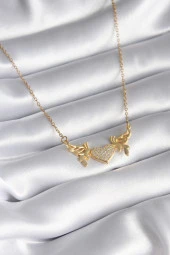 316L Çelik Gold Renk Zirkon Taşlı Kanatlı Kalp Model Kadın Kolye - TJ-BKO8290 thumbnail 1