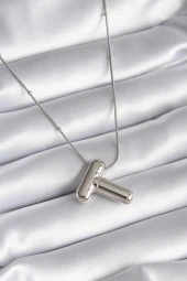 316L Çelik Gümüş Renk Bubble "T" Harf Model Kadın Kolye - TJ-BKO8295 thumbnail 1