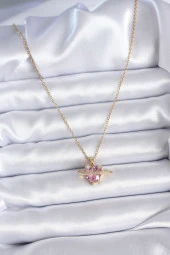 316L Çelik Gold Renk Zincir Pembe Kristal Kalp Model Zirkon Taş Detay Kadın Kolye - TJ-BKO7747 thumbnail 2