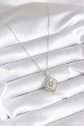 316L Çelik Gümüş Renk Zirkon Taş Detay Taç Kalp Model Kadın Kolye - TJ-BKO8273 thumbnail 2