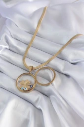316L Çelik Gold Renk İtalyan Zincir Açılabilir Fanus Yonca Figür Model Kadın Kolye - TJ-BKO8281 thumbnail 3