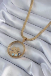 316L Çelik Gold Renk İtalyan Zincir Açılabilir Fanus Yonca Figür Model Kadın Kolye - TJ-BKO8281 thumbnail 4