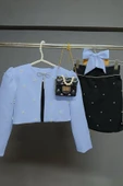 Kız Çocuk Üzeri Taş İşlemeli Etek Askılı Penye Bluz ve Mavi Blazer Ceket Etekli Takım thumbnail 6