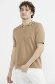 Polo Yaka Kısa Kol Pamuk Triko Tişört - Kamel thumbnail 3