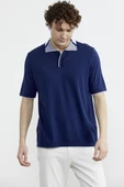 Pamuk Polo Yaka Kısa Kol Triko Tişört - Lacivert thumbnail 4