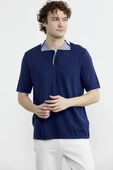 Pamuk Polo Yaka Kısa Kol Triko Tişört - Lacivert thumbnail 2