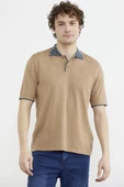 Pamuk Polo Yaka Kısa Kol Triko Tişört - Kamel thumbnail 1