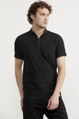 Viskon Desenli Polo Yaka Tişört - Siyah - 4