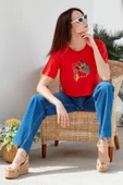 Oversize Baskılı Crop Tişört - Mercan - 1
