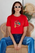 Oversize Baskılı Crop Tişört - Mercan - 2