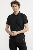 Viskon Desenli Polo Yaka Tişört - Siyah - 1