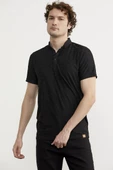 Viskon Desenli Polo Yaka Tişört - Siyah - 3