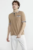Renk Kombinli Cepli Koton Triko Tişört - Kamel thumbnail 4