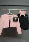 Kız Çocuk Üzeri Taş İşlemeli Etek Askılı Penye Bluz ve Pudra Blazer Ceket Etekli Takım thumbnail 2