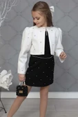 Kız Çocuk Üzeri Taş İşlemeli Etek Askılı Penye Bluz ve Beyaz Blazer Ceket Etekli Takım thumbnail 4