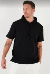 Gucso Erkek Kapşonlu İpli Kısa Kol Düz Oversize T-shirt - Siyah - 1