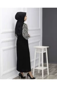 Zebra Desenli Uzun Boy Tesettür Elbise - Siyah - 3