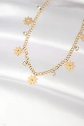 316L Çelik Taşlı Gold Renk Çoklu Çiçek Kolye - TJ-BKO8480 thumbnail 1