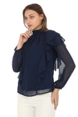 Omuz Fırfırlı Yaka Gipeli Şifon Bluz 6001-Lacivert - 2