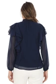 Omuz Fırfırlı Yaka Gipeli Şifon Bluz 6001-Lacivert - 5