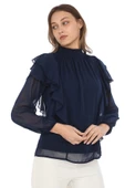 Omuz Fırfırlı Yaka Gipeli Şifon Bluz 6001-Lacivert - 3