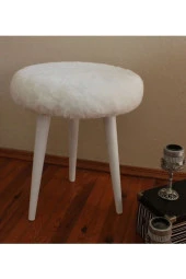 BEYLERBEYİ Gürgen Ahşap Retro Ayak Dekoratif Beyaz Peluş Puf Tabure Bench Koltuk Sandalye - 1