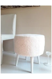 BEYLERBEYİ Gürgen Ahşap Ayaklı Dekoratif Beyaz Pelüş Yuvarlak Puf Bench Koltuk Sandalye thumbnail 1