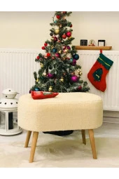 BEYLERBEYİ Gürgen Ahşap Ayak Tedy Kumaş Oval Pufidik Puf Bench thumbnail 1