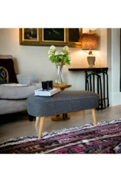 BEYLERBEYİ Retro gürgen ceviz Renk ahşap ayaklı Geniş oturum alan özel tasarım oval bench antresit keten kumaş thumbnail 2