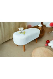 BEYLERBEYİ Retro Ceviz Renk Ahşap Ayaklı Geniş Oturum Alanlı Oval Bench Puf Krem thumbnail 1