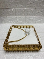 Taşlı Aynalı Premium Peçetelik Paslanmaz Çelik Lüks Peçete Kutusu Gold İşlemeli - 7