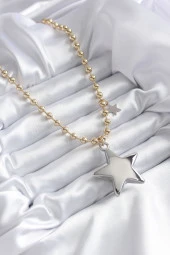 Pirinç Gold Renk Topçuk Zincir Gümüş 3D Yıldız Model Yıldız Detay VİP Kadın Kolye - EBJ240521W20170 thumbnail 2