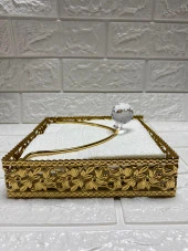 Taşlı Aynalı Peçetelik Paslanmaz Çelik Lüks Peçete Kutusu Gold İşlemeli Premium Peçetelik - 2