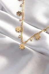316L Çelik Taşlı Gold Renk Çoklu Çiçek Kolye - EBJ240521W24235 thumbnail 2
