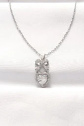 316L Çelik Silver Renk Zirkon Taşlı Kalpli Fiyonk Kolye - EBJ240521W24273 thumbnail 1