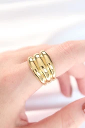 Gold Renk Ayarlanabilir Çizgili Bombe Yüzük - EBJ240521W24337 thumbnail 1