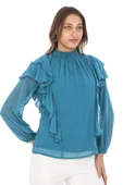 Omuz Fırfırlı Yaka Gipeli Şifon Bluz 6001-İndigo - 5