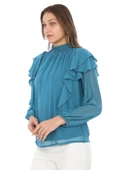 Omuz Fırfırlı Yaka Gipeli Şifon Bluz 6001-İndigo - 3