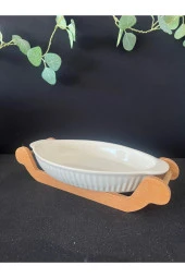 Ahşap Standlı Seramik Fırın Kabı - Ahşap Standlı Salata Kasesi Dikdörtgen Fırın Tepsisi - 1